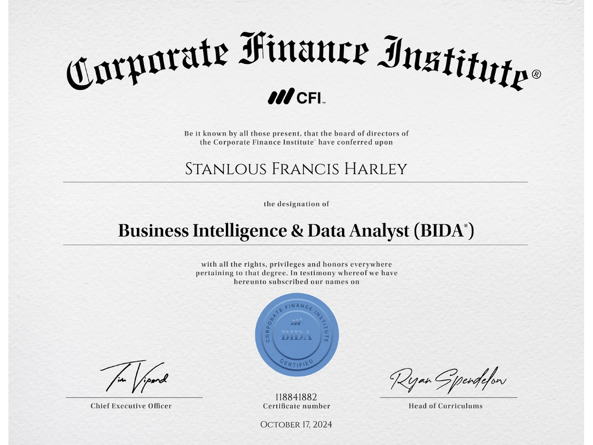 Business Intelligence & Data Analyst (BIDA®) certificate