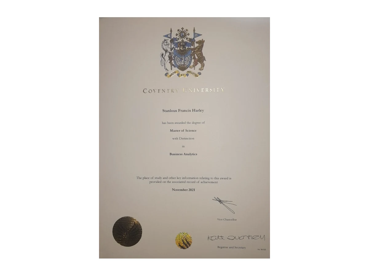Coventry MSc Business Analytics certificate