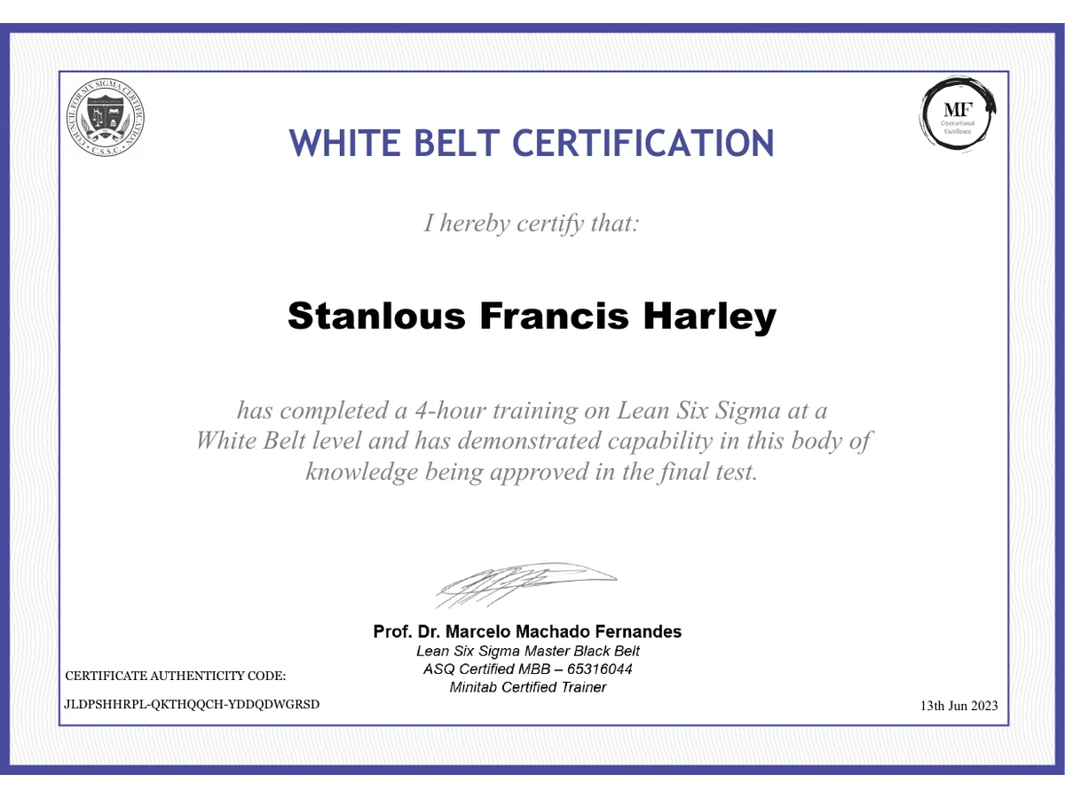 Lean Six Sigma White Belt certificate